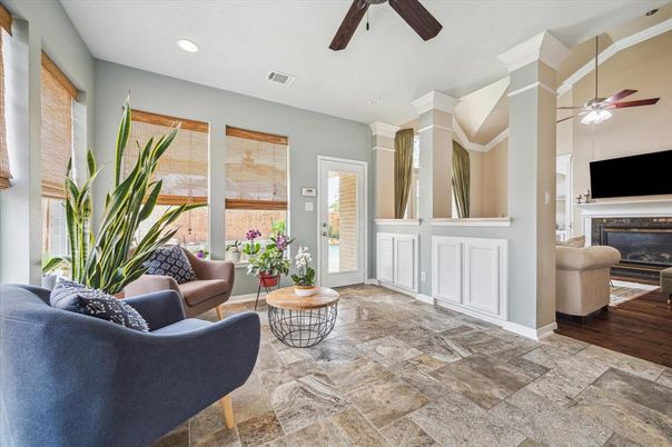 Fireplace, Interior, Living room, Recessed Lighting, Wood Texture Flooring