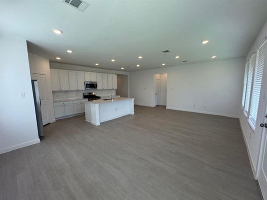 Empty room, Interior, Kitchen, Recessed Lighting, Wood Texture Flooring