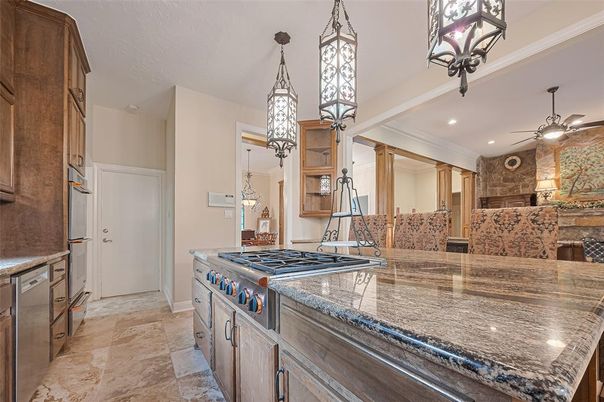 Interior, Kitchen, Pendant Lights, Recessed Lighting, Stainless Steel Appliances, Stone Walls