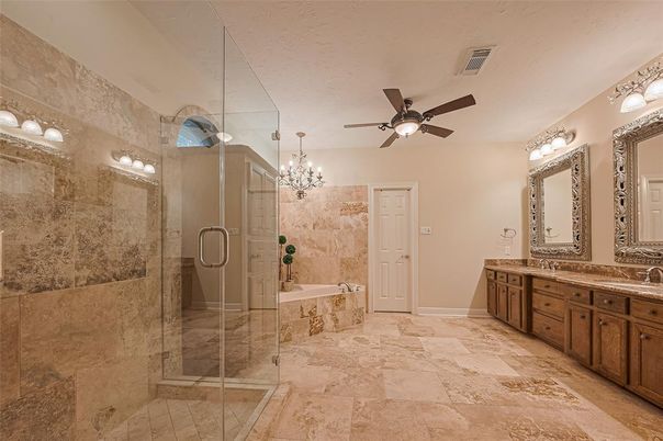 Bathroom, Chandelier, Dual Sink Vanities, Glass Shower, Interior