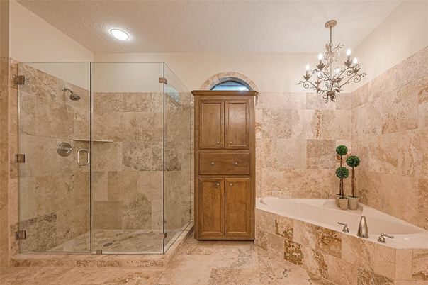 Bathroom, Chandelier, Glass Shower, Interior, Recessed Lighting