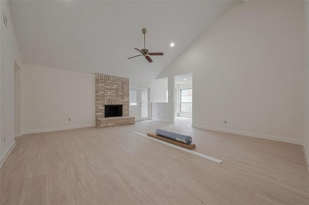 Empty room, Fireplace, Interior, Recessed Lighting, Wood Texture Flooring