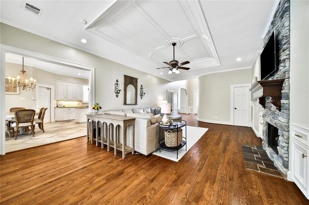 Chandelier, Dining room, Fireplace, Interior, Kitchen, Living room, Recessed Lighting, Wood Texture Flooring