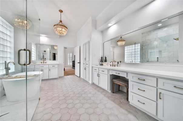 Bathroom, Chandelier, Dual Sink Vanities, Free Standing Baths, Interior, Recessed Lighting