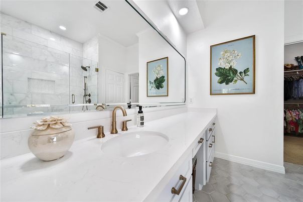 Bathroom, Dual Sink Vanities, Glass Shower, Interior, Marble, Marble Walls, Recessed Lighting