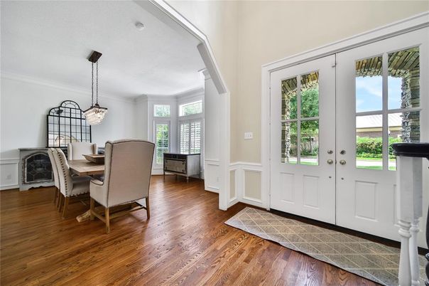 Dining room, Interior, Pendant Lights, Wood Texture Flooring