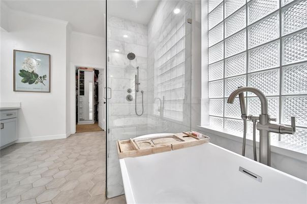 Bathroom, Free Standing Baths, Glass Shower, Interior, Marble Walls, Recessed Lighting