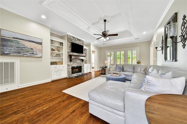 Fireplace, Interior, Living room, Recessed Lighting, Wood Texture Flooring