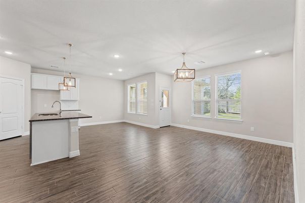 Empty room, Interior, Kitchen, Pendant Lights, Recessed Lighting, Wood Texture Flooring