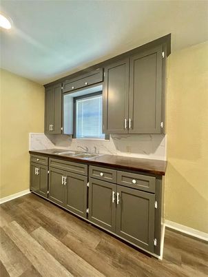 Interior, Kitchen, Marble Walls, Recessed Lighting, Wood Texture Flooring