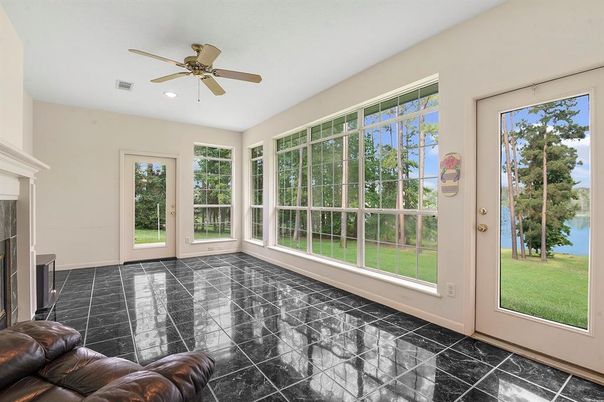 Empty room, Fireplace, Interior, Recessed Lighting, Sun Room, Water