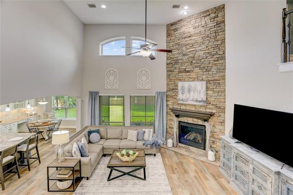 Dining room, Fireplace, Interior, Living room, Pendant Lights, Recessed Lighting, Stone Walls, Wood Texture Flooring
