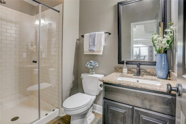 Bathroom, Glass Shower, Interior, Wood Texture Flooring