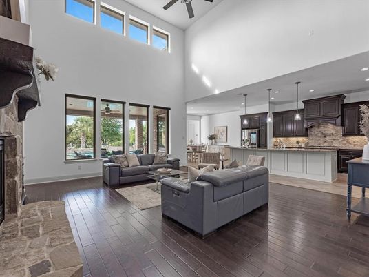 Interior, Kitchen, Living room, Pendant Lights, Recessed Lighting, Stone Walls, Wood Texture Flooring