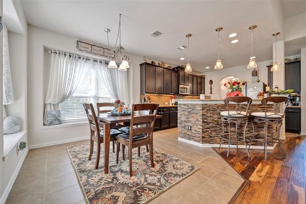 Dining room, Interior, Kitchen, Pendant Lights, Recessed Lighting, Wood Texture Flooring