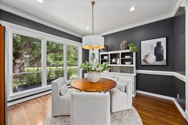 Dining room, Interior, Pendant Lights, Recessed Lighting, Wood Texture Flooring