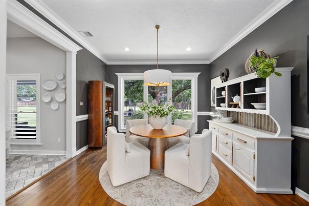 Dining room, Interior, Pendant Lights, Recessed Lighting, Wood Texture Flooring