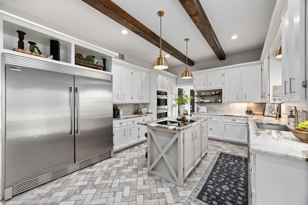 Interior, Kitchen, Pendant Lights, Recessed Lighting, Stainless Steel Appliances, Wooden Beams