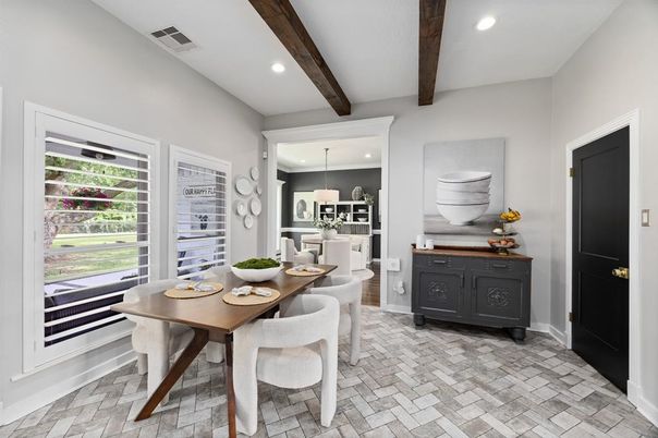 Dining room, Interior, Pendant Lights, Recessed Lighting, Wooden Beams
