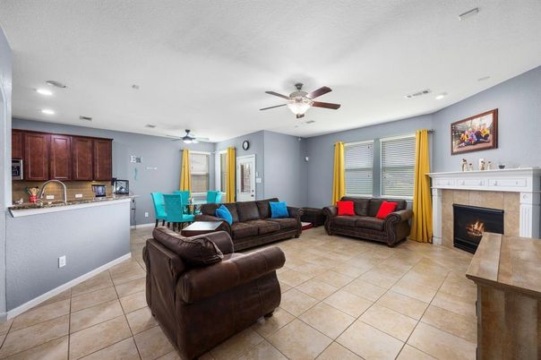 Dining room, Fireplace, Interior, Kitchen, Living room, Recessed Lighting