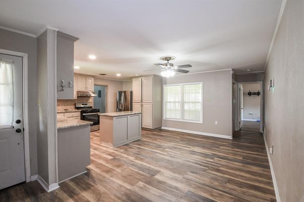 Interior, Kitchen, Recessed Lighting, Stainless Steel Appliances, Wood Texture Flooring