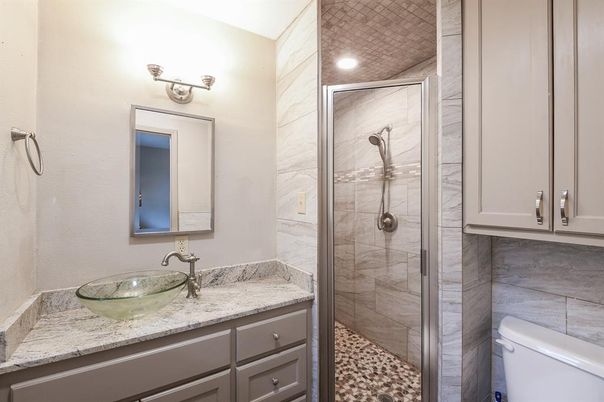 Bathroom, Glass Shower, Interior, Marble Walls, Recessed Lighting