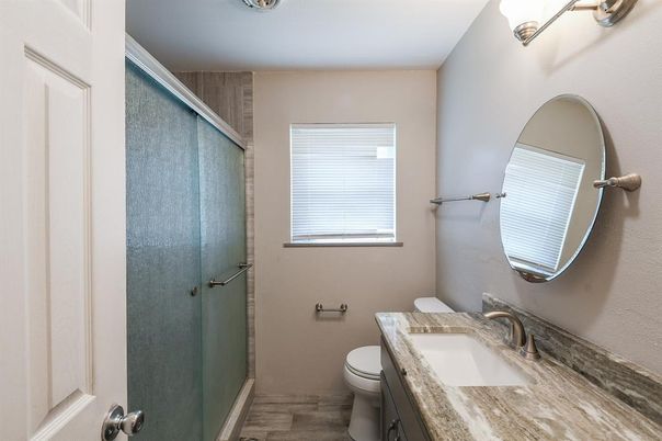 Bathroom, Glass Shower, Interior, Wood Texture Flooring