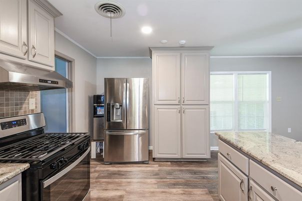 Interior, Kitchen, Recessed Lighting, Stainless Steel Appliances, Wood Texture Flooring