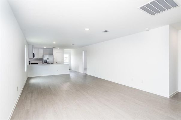 Empty room, Interior, Kitchen, Recessed Lighting, Wood Texture Flooring