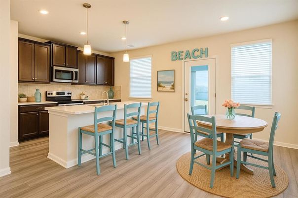 Dining room, Interior, Kitchen, Pendant Lights, Recessed Lighting, Wood Texture Flooring