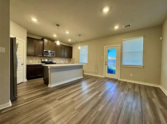 Interior, Kitchen, Pendant Lights, Recessed Lighting, Stainless Steel Appliances, Wood Texture Flooring