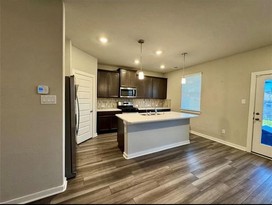Interior, Kitchen, Pendant Lights, Recessed Lighting, Stainless Steel Appliances, Wood Texture Flooring