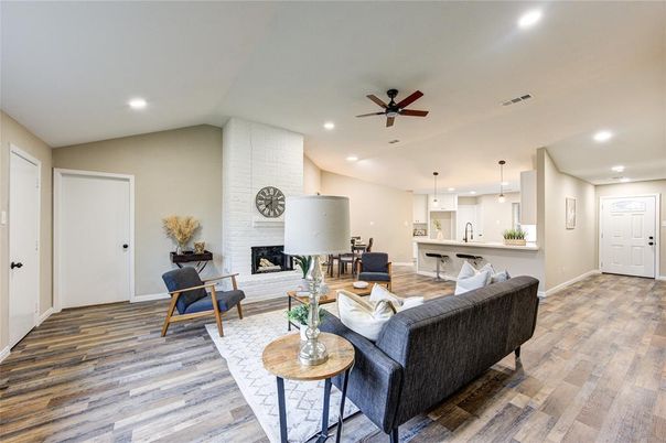 Fireplace, Interior, Kitchen, Living room, Pendant Lights, Recessed Lighting, Stone Walls, Wood Texture Flooring