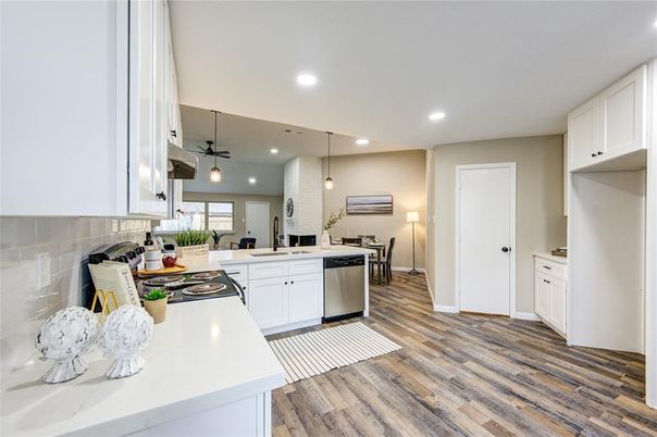Interior, Kitchen, Pendant Lights, Recessed Lighting, Stainless Steel Appliances, Wood Texture Flooring