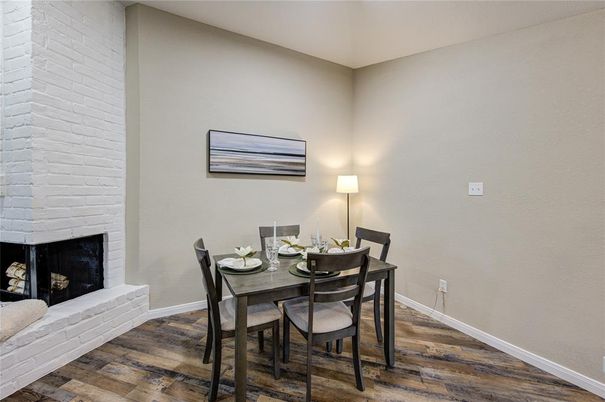 Dining room, Fireplace, Interior, Stone Walls, Wood Texture Flooring