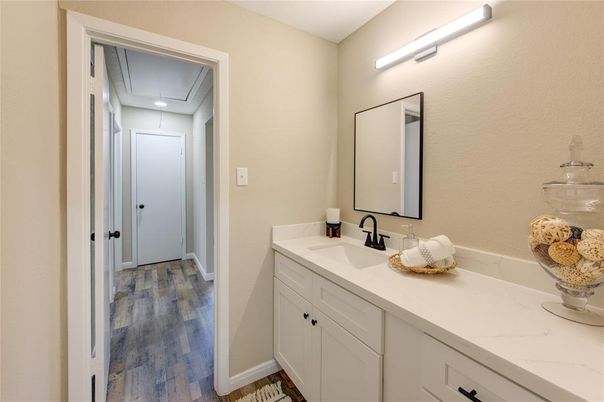 Bathroom, Interior, Recessed Lighting, Wood Texture Flooring
