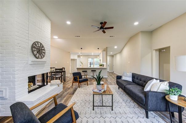 Dining room, Fireplace, Interior, Kitchen, Living room, Pendant Lights, Recessed Lighting, Stone Walls, Wood Texture Flooring