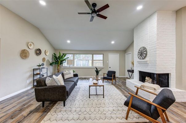Fireplace, Interior, Living room, Recessed Lighting, Stone Walls, Wood Texture Flooring