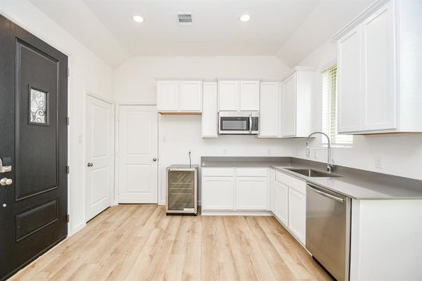 Interior, Kitchen, Recessed Lighting, Stainless Steel Appliances, Wood Texture Flooring
