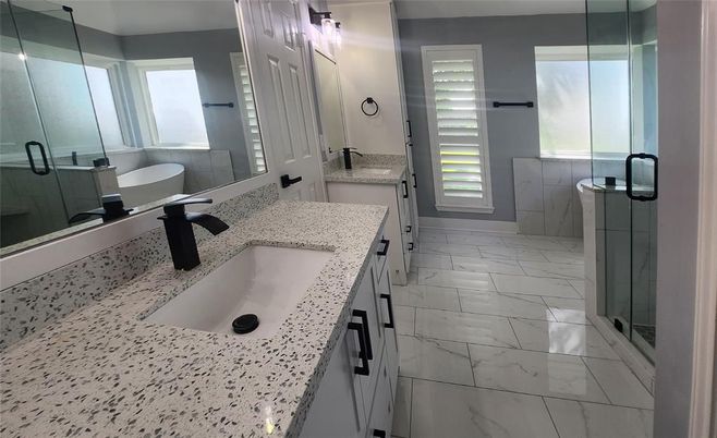 Bathroom, Dual Sink Vanities, Glass Shower, Interior, Marble