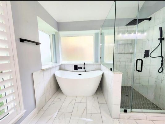 Bathroom, Free Standing Baths, Glass Shower, Interior, Marble, Marble Walls