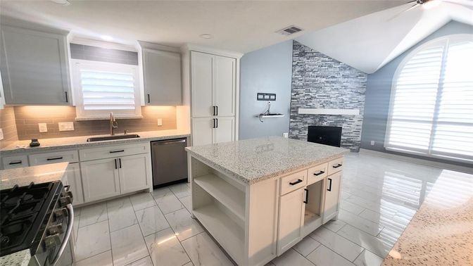 Fireplace, Interior, Kitchen, Recessed Lighting, Stone Walls