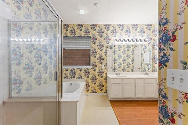 Bathroom, Dual Sink Vanities, Glass Shower, Interior, Wood Texture Flooring