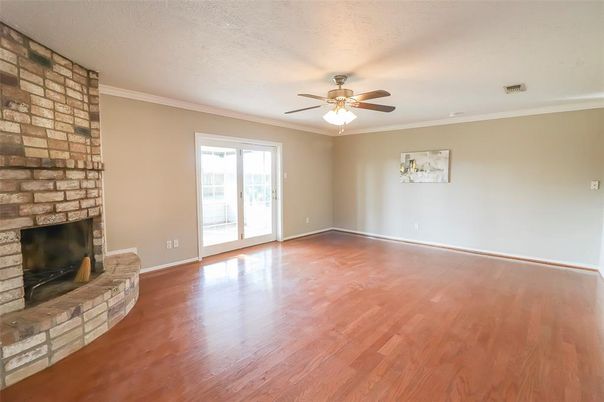 Empty room, Fireplace, Interior, Stone Walls, Wood Texture Flooring