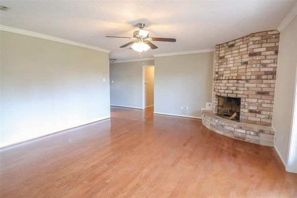 Empty room, Fireplace, Interior, Stone Walls, Wood Texture Flooring