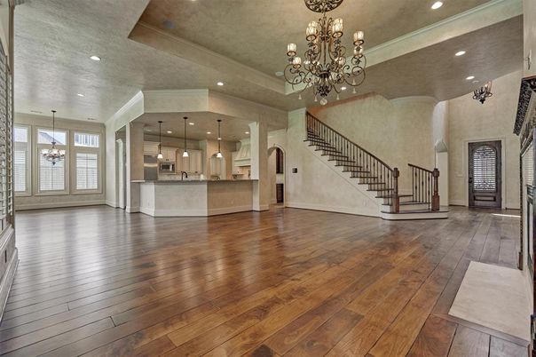 Chandelier, Interior, Kitchen, Pendant Lights, Recessed Lighting, Wood Texture Flooring