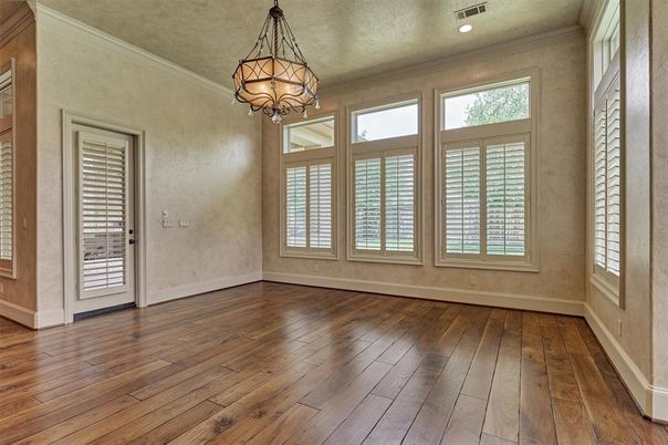 Chandelier, Empty room, Interior, Recessed Lighting, Wood Texture Flooring