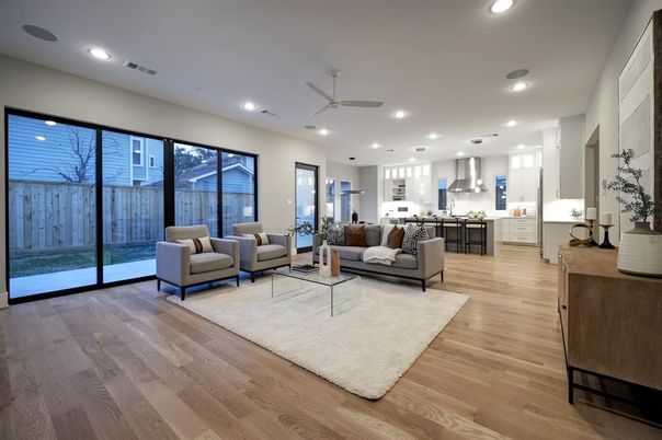 Interior, Kitchen, Living room, Recessed Lighting, Wood Texture Flooring