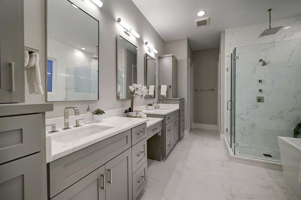 Bathroom, Dual Sink Vanities, Glass Shower, Interior, Marble, Marble Walls, Recessed Lighting