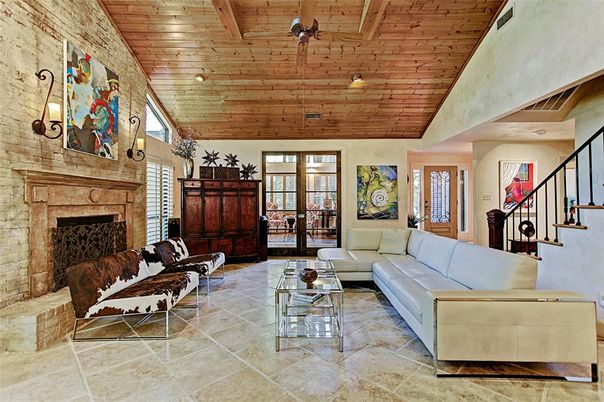 Fireplace, Interior, Living room, Recessed Lighting, Stone Walls, Wooden Ceilings